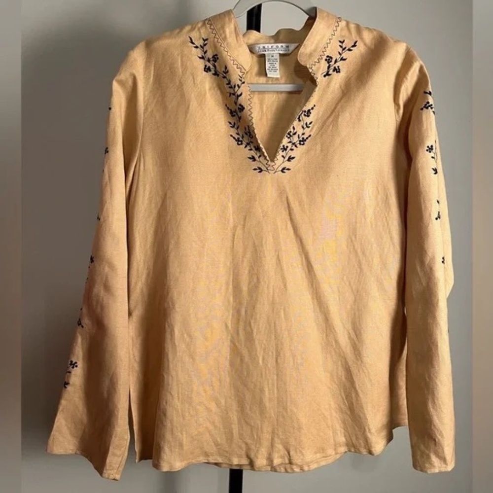 Uniform John Paul Richard Tan Blouse with Black Floral Embroidery Medium